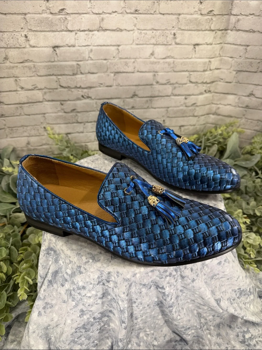 JITAI - Metallic Blue Faux Leather Basket Weave Tassel Fashion Loafers Mens 11.5